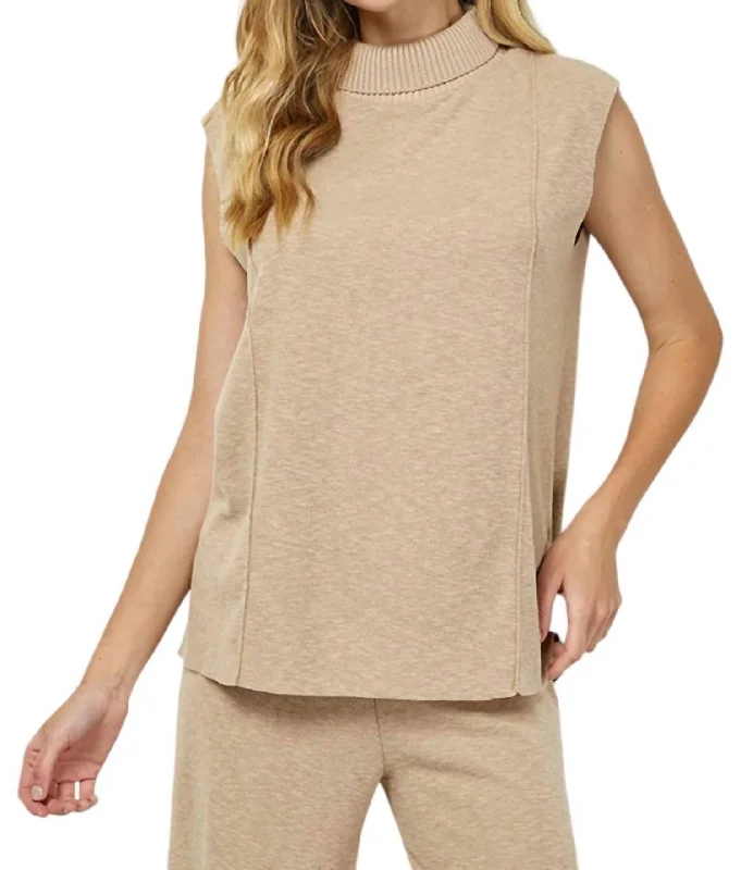 Trend Alert Chat With Me Sleeveless Sweater Top In Taupe