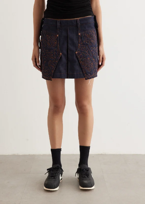 Clearance Sale, All Cheap Embroidery Panel Pleated Denim Skirt