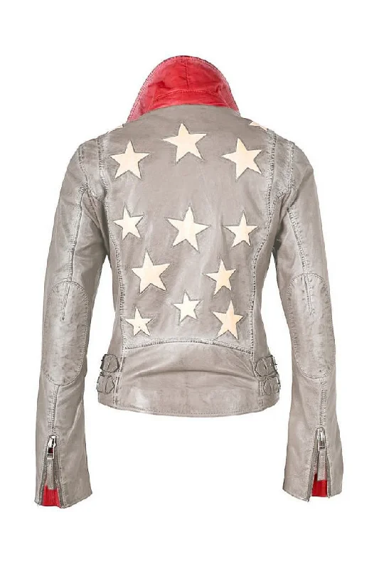 Trendy Street Style Clothing Christy Stars Leather Jacket - Light Grey