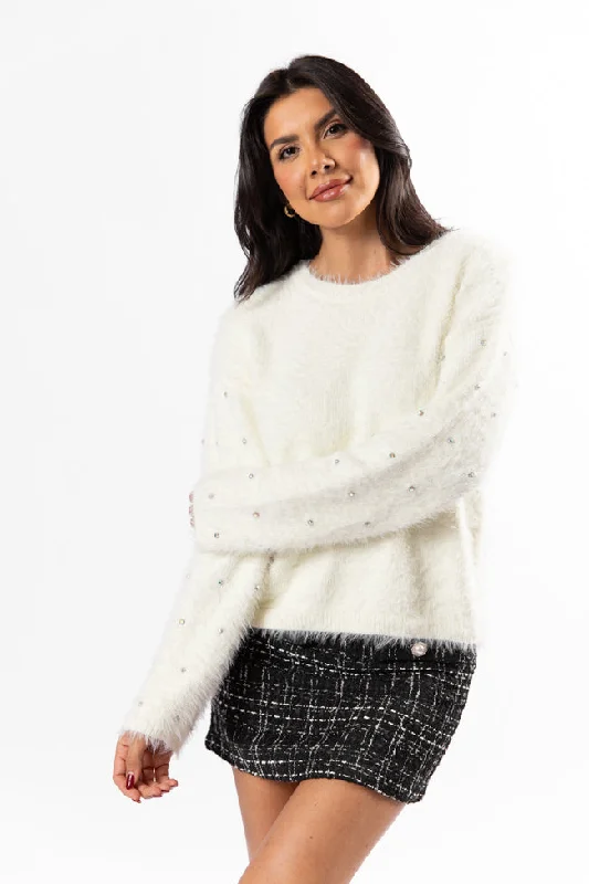 Chic & Cozy Collection All That Glitters Rhinestone Sleeve Ivory Fuzzy Sweater SALE