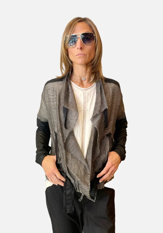 Trendy Attire For Her Belted Jacket - Black Grey Stripe