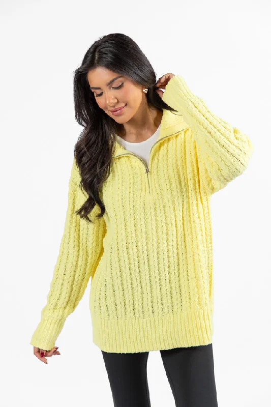 Clearance Event Forever Yours Yellow Cable Knit Chenille Quarter Zip Sweater SALE