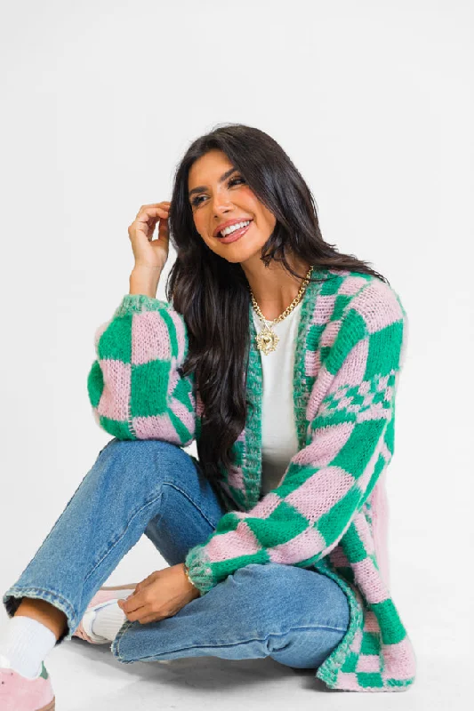 Relaxed Fashion Atta Girl Pink and Green Checkered Cardigan