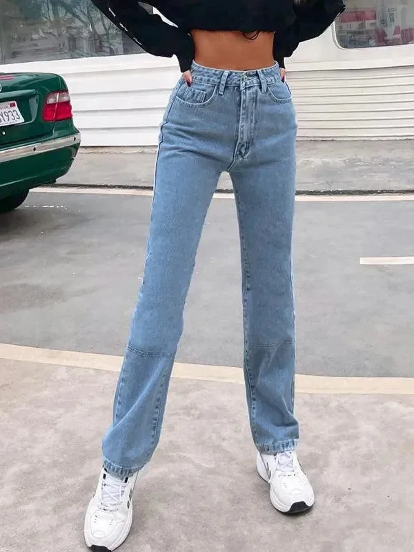 Chic Outfits Women Denim Jeans - High Waist Straight-leg