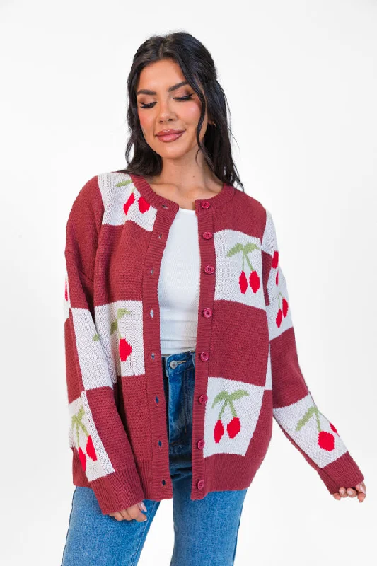 Exquisite Women's Wear Sale Cherry Much In Love Brick and White Multi Checkered Cardigan