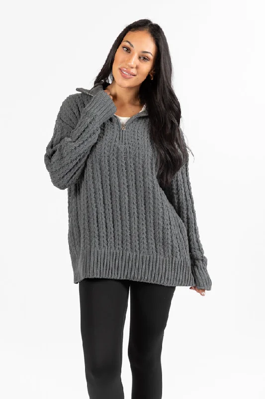 Chic Style, Always In Vogue Forever Yours Charcoal Cable Knit Chenille Quarter Zip Sweater SALE