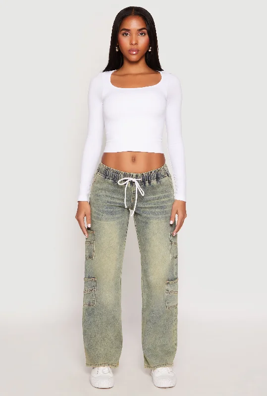 Graceful Cut VIP Acid Wash Elastic Waist Cargo Jeans