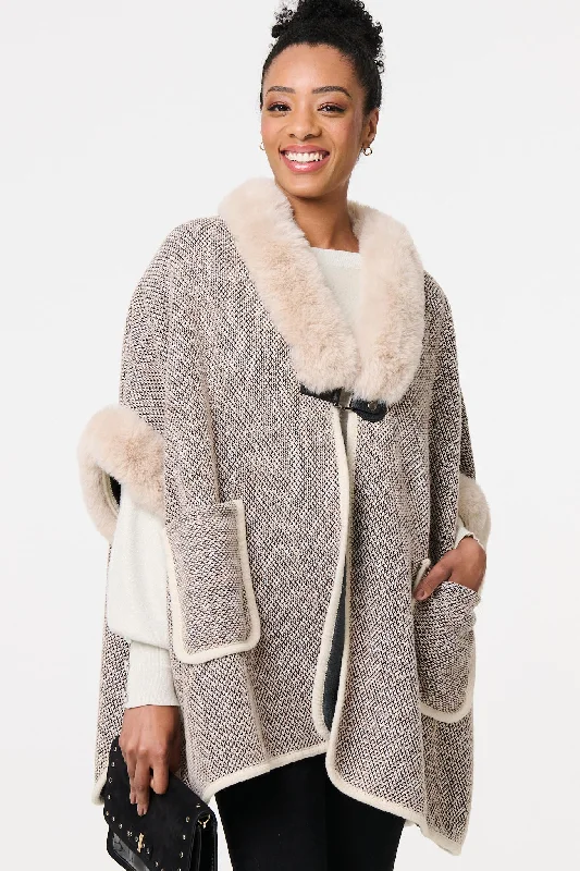 Casual Elegance Faux Fur Trim 1/2 Sleeve Buckled Poncho