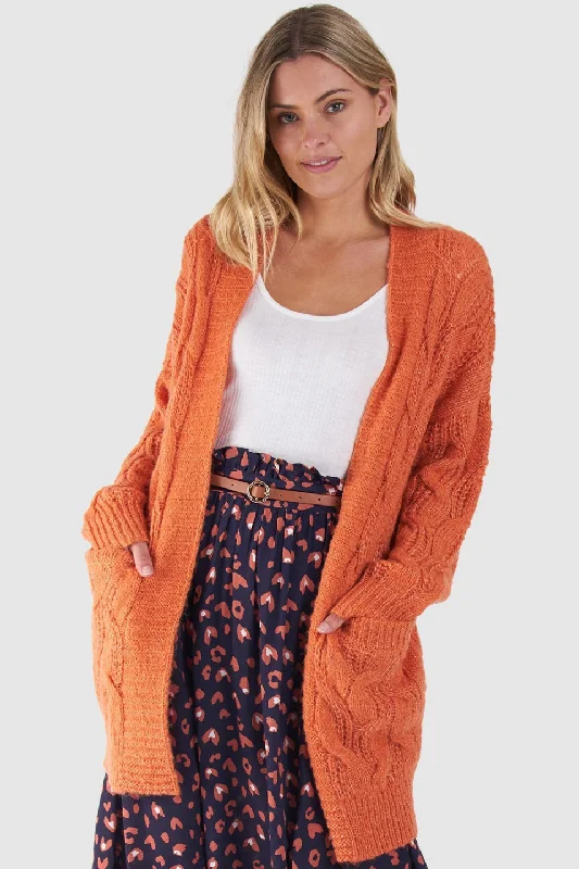 Style Revolution Grace Papaya Orange Cable Knit Longline Cardigan