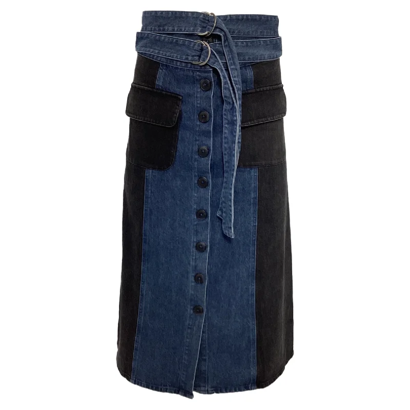 Unleash Your Trendy Side Sea New York Double-Belted Midi Skirt in Blue and Black Cotton Denim