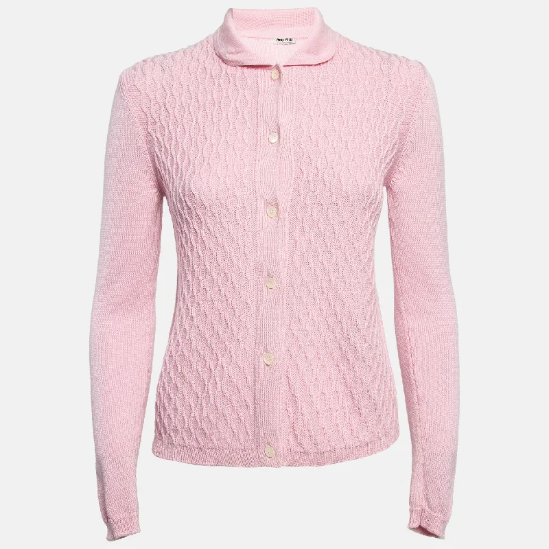 Trend Forward Women's Wear Miu Miu Pink Patterned Knit Button Front Cardigan