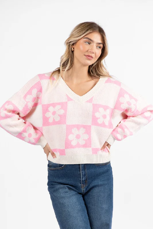 High End Fashion Found A New Way Pink V-Neck Checkered Flower Sweater SALE